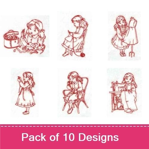 Redwork Vintage Sewing Girls Embroidery Bundle – Girl Sewing, Girl with Scissors & More (10 Designs)