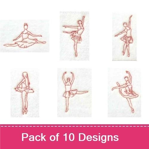 Redwork Ballet Dancer Embroidery Designs Bundle – Dancer with Ribbons, Dancer in Pose, Dancer Leaping & More (10 Designs)