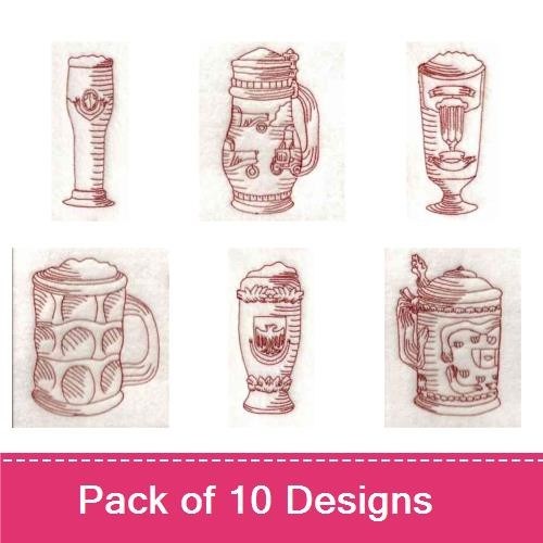 Redwork Vintage Beer Stein Embroidery Designs Bundle – Stein with Lid, Heart Design Stein, Tall Beer Mug & More (10 Designs)