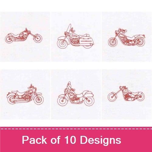 Redwork Classic Motorcycle Embroidery Bundle – Motorcycle Outline 1, Motorcycle Outline 3, Motorcycle Outline 5 & More (10 Designs)