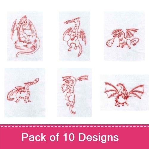 Redwork Whimsical Dragons Embroidery Designs Bundle – Flying Dragon, Curled Dragon, Chubby Dragon & More (10 Designs)