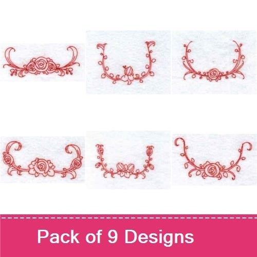 Redwork Elegant Rose Borders Embroidery Designs Bundle – Rose Vine, Fancy Rose Frame, Delicate Rose Edge & More (9 Designs)