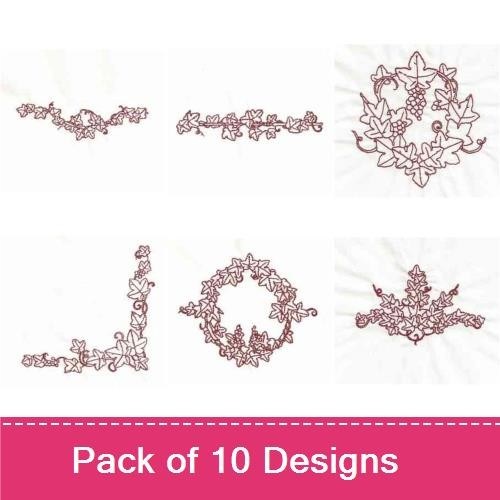 Redwork Ivy Embroidery Designs Bundle – Ivy Wreath, Ivy Border, Grapes with Ivy & More (10 Designs)