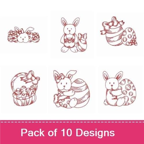 Redwork Easter Bunny & Eggs Embroidery Designs Bundle – Bunny with Basket of Eggs, Decorated Easter Egg & More (10 Designs)