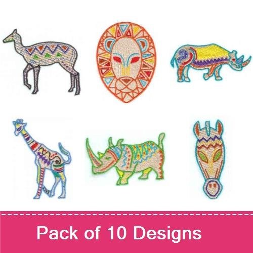 Colorful Tribal Animal Embroidery Designs Bundle – Lion Mask, Tribal Gazelle, Tribal Elephant & More (10 Designs)