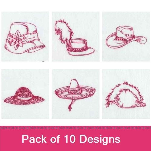Redwork Vintage Hats Embroidery Designs Bundle – Floral Cloche Hat, Wide Brim Hat, Western Hat & More (10 Designs)