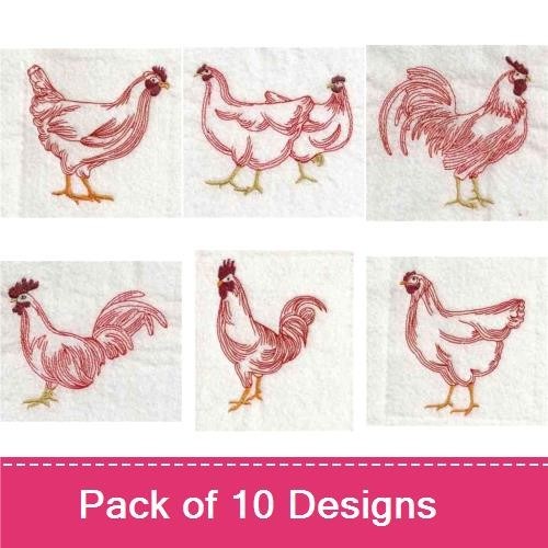 Redwork Vintage Chicken Embroidery Designs Bundle – Chicken, Hen, Rooster & More (10 Designs)