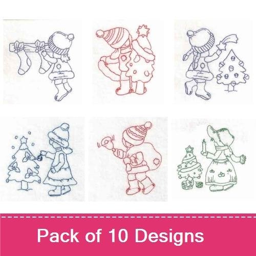 Redwork Vintage Holiday Kids Embroidery Designs Bundle – Decorating Christmas Tree, Snowman with Scarf & More (10 Designs)