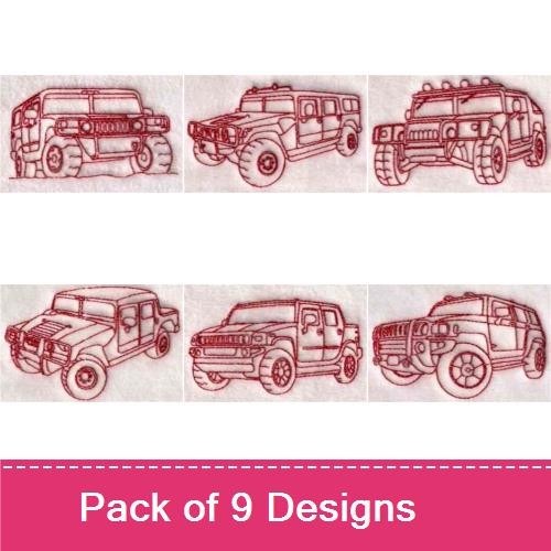 Redwork Hummer Truck Embroidery Bundle – Hummer Truck Design 1, Hummer Truck Design 2, Hummer Truck Design 3 & More (9 Designs)