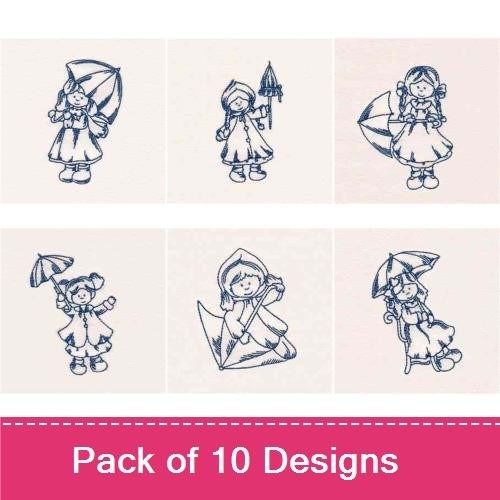 Redwork Vintage Girl with Umbrella Embroidery Designs Bundle – Girl with Umbrella 1, Girl with Umbrella 2, & More (10 Designs)