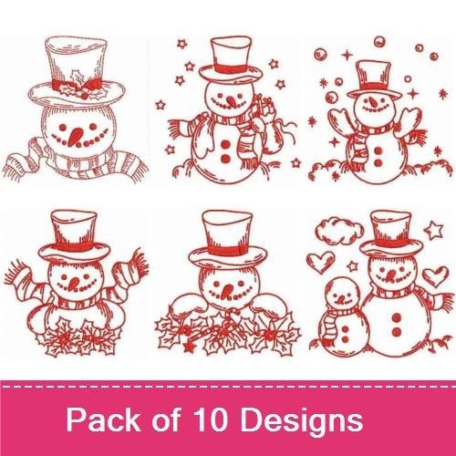 Redwork Snowman Embroidery Designs Bundle – Top Hat, Scarf, Pine Tree & More (10 Designs)