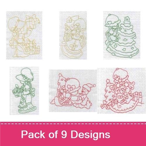 Redwork Vintage Holiday Girls Embroidery Designs Bundle – Christmas Girl with Gifts, Girl with Snowman & More (9 Designs)