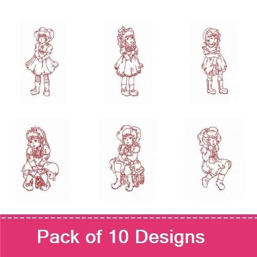 Redwork Vintage Little Girls Embroidery Designs Bundle – Girl with Dress and Bow, Girl with Pigtails, & More (10 Designs)