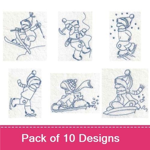 Redwork Winter Fun Activities Embroidery Designs Bundle – Ice Skating, Sledding, Building Snowman & More (10 Designs)