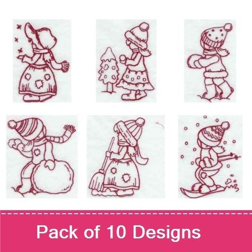 Redwork Winter Kids Embroidery Designs Bundle – Child with Snowball, Girl with Snowman, & More (10 Designs)