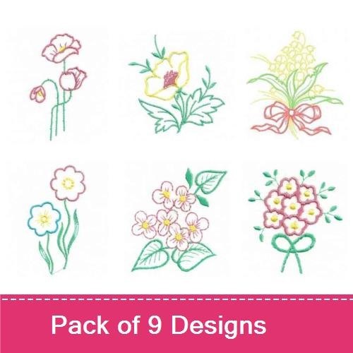 Floral Embroidery Designs Bundle – Blooming Flowers, Pink and Yellow Floral Bouquet, Blue Flower Arrangement & More (9 Designs)