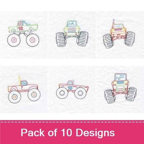 Colorful Monster Truck Embroidery Designs Bundle – Monster Truck with Number 12, Green Monster Truck, Blue Monster Truck & More (10 Designs)
