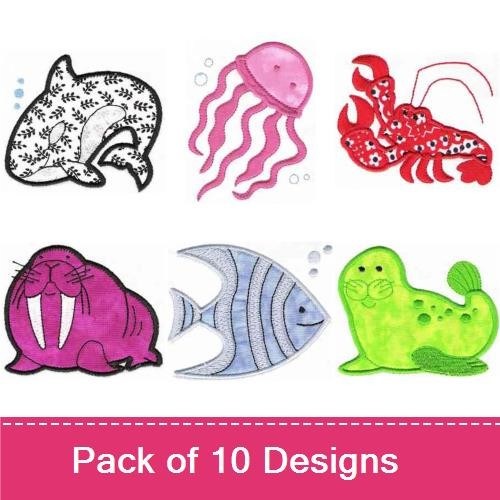 Cute Sea Creatures Embroidery Designs Bundle – Dolphin, Fish, Jellyfish, Crab & More (10 Designs)