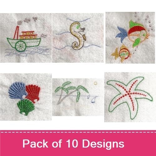 Nautical Ocean Life Embroidery Designs Bundle – Seashell, Seahorse, Sailboat & More (10 Designs)