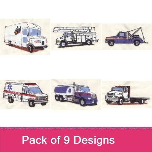 Utility Vehicles Embroidery Designs Bundle – Tow Truck, Fire Truck, Police Car & More (9 Designs)