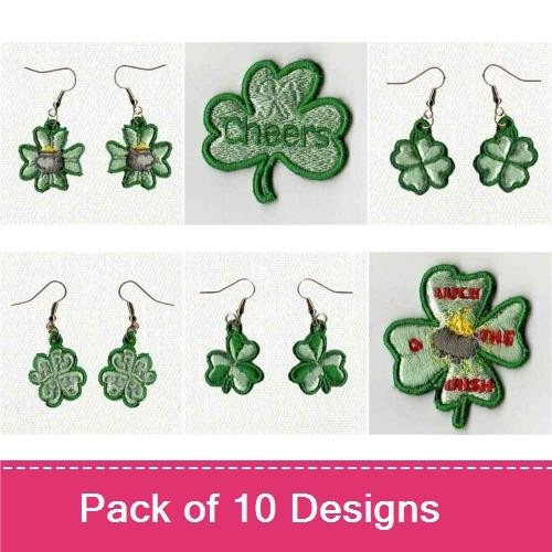 ITH Shamrock Embroidery Designs Bundle – Four Leaf Clover Earring, Clover Keychain, Cheers Clover & More (10 Designs)