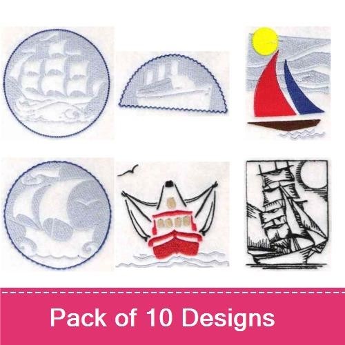 Nautical Ships Embroidery Designs Bundle – Sailboat with Red Sails, Tugboat, Fishing Boat & More (10 Designs)
