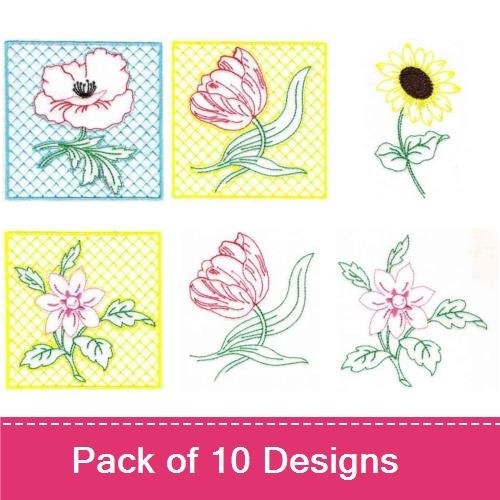 Redwork Delicate Floral Embroidery Bundle – Poppy Flower, Tulip Flower, Sunflower & More (10 Designs)