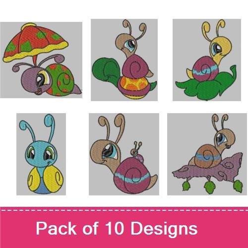 Snail Embroidery Designs Bundle – Snail with Flower, Snail under Mushroom, Snail with Leaf & More (10 Designs)