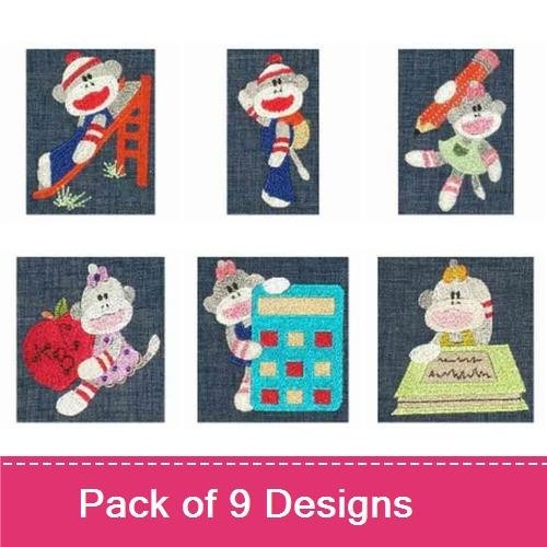 Sock Monkey School Embroidery Designs Bundle – Chalkboard, Ladder, Crayon & More (9 Designs)