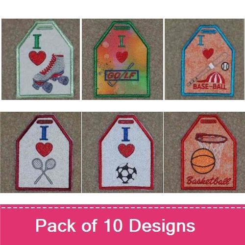 Sports-themed Embroidery Designs Bundle – Ice Skates, Football Tag, Baseball Tag & More (10 Designs)
