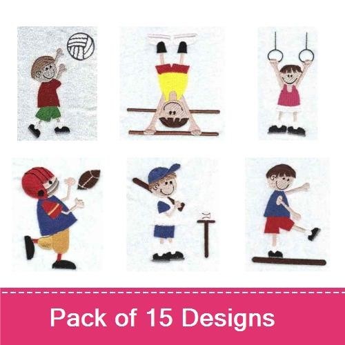 Kids Sports Embroidery Designs Bundle – Tennis Player, Soccer Player, Basketball Player & More (15 Designs)