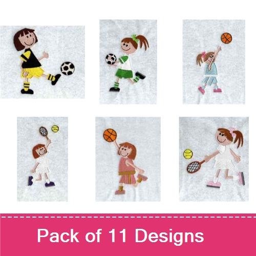 Applique Girls Sports Embroidery Bundle – Soccer Girl, Basketball Girl, Tennis Girl & More (11 Designs)