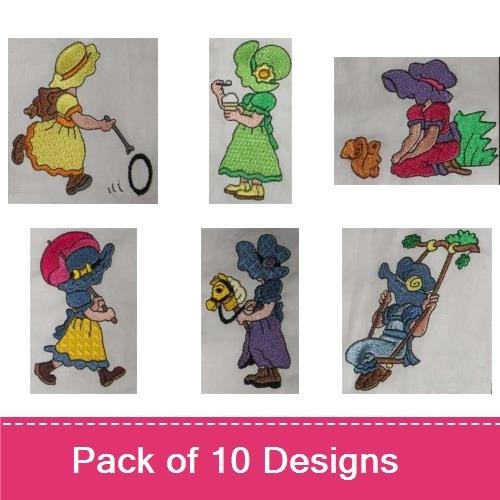 Sunbonnet Girls Embroidery Designs Bundle – Swinging, Flowers, Bucket & More (10 Designs)