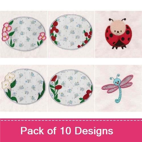 Applique Garden Bugs and Flowers Embroidery Bundle – Ladybug, Dragonfly, Spider, Flower Arrangement & More (10 Designs)