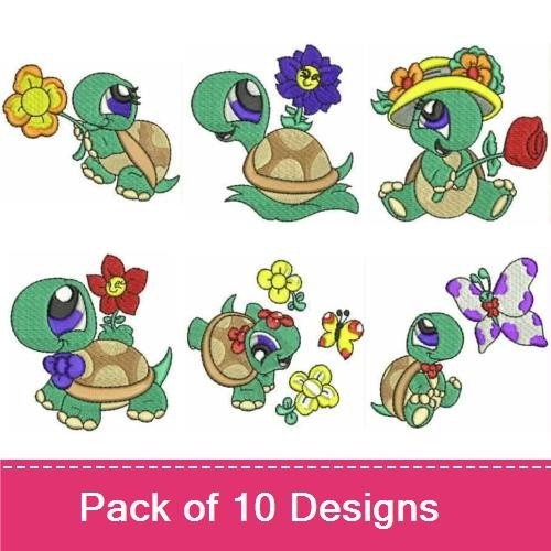 Cute Turtles Embroidery Bundle – Turtle with Flower, Turtle in Hat with Flower, Turtle Holding Flower & More (10 Designs)
