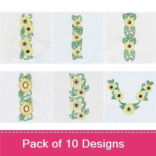 Floral Embroidery Bundle – Sunflower with Vines, Decorative Sunflower, Letter Integrations & More (10 Designs)