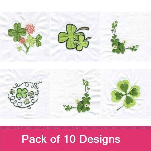 Lucky Clover Embroidery Designs Bundle – Clover Vine, Clover Wreath, Clover with Flowers & More (10 Designs)