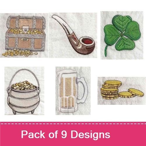 St. Patrick's Day Embroidery Designs Bundle – Beer Mug, Treasure Chest, Smoking Pipe & More (9 Designs)