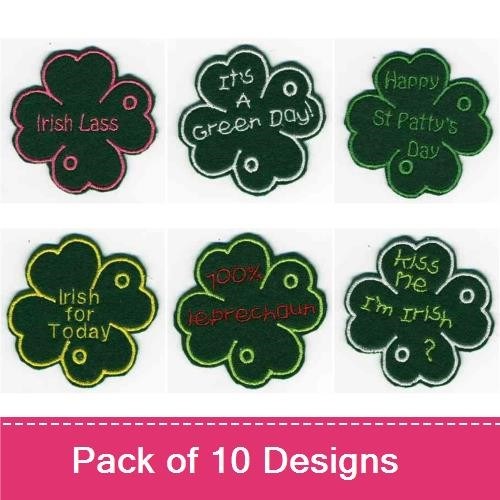Shamrock Sayings Embroidery Designs Bundle – Happy St Patty's Day, Irish Lass, Kiss You & More (10 Designs)