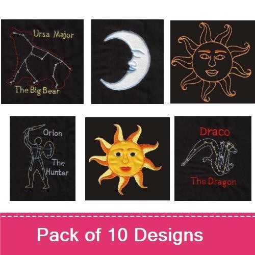 Ursa Major, Orion & Sun Embroidery Bundle – Celestial Designs (10 Designs)