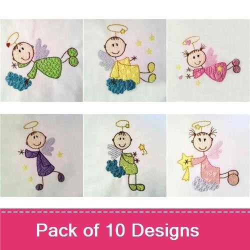 Cute Little Angels Embroidery Designs Bundle – Angel with Pink Dress, Angel Dancing, Angel with Stars & More (10 Designs)