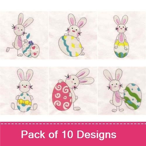 Easter Bunny and Eggs Embroidery Designs Bundle – Bunny with Basket, Bunny holding Egg, Colorful Egg & More (10 Designs)