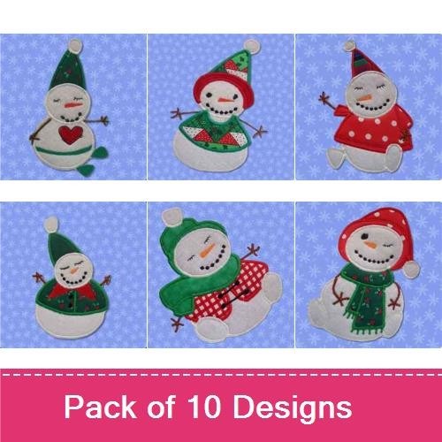 Applique Cheerful Snowmen Embroidery Designs Bundle – Snowman with Heart, Red Hat, Green Scarf & More (10 Designs)