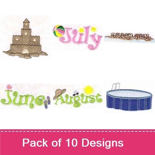 Summer Beach Activities Embroidery Designs Bundle – Flip Flops, Sand Castle, Boat & More (10 Designs)