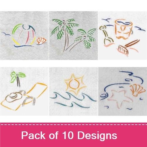 Redwork Beach Embroidery Designs Bundle – Sun, Palm Tree, Beach Umbrella, & More (10 Designs)