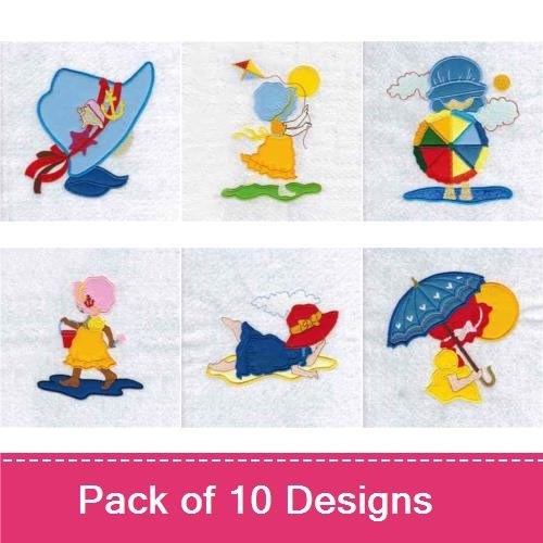 Applique Sunbonnet Summer Embroidery Bundle – Sunbonnet Girl with Sun, Boy with Dog, Girl with Umbrella & More (10 Designs)