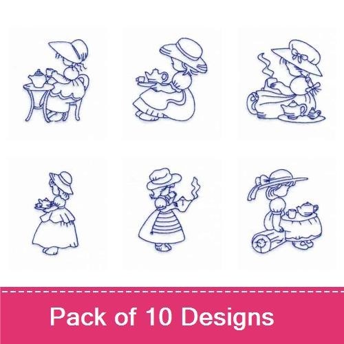 Redwork Vintage Tea Party Girls Embroidery Designs Bundle – Girl with Teapot, Girl in Apron, Girl Serving Tea & More (10 Designs)