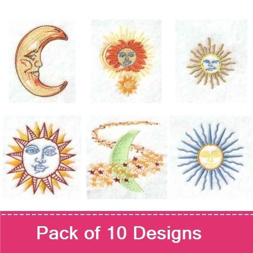 Celestial Sun and Moon Embroidery Designs Bundle – Smiling Sun, Moon with Face, Radiant Sun & More (10 Designs)