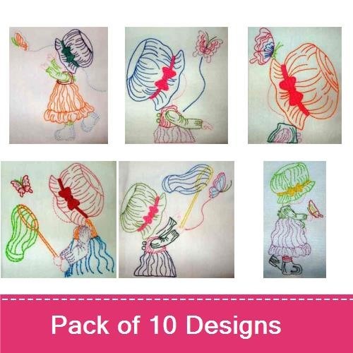 Redwork Vintage Girls & Butterflies Embroidery Designs Bundle – Vintage Girl with Butterfly, Vintage Girl with Flower & More (10 Designs)