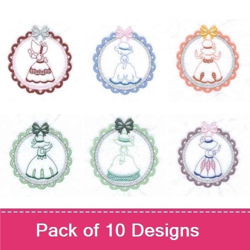 Redwork Vintage Sunbonnet Girls Embroidery Designs Bundle – Sunbonnet Girl with Bow, Sunbonnet Girl in Dress, & More (10 Designs)